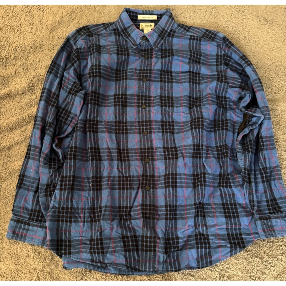 LL Bean Scotch Plaid Flannel Shirt Mens XL Blue Plaid Traditional Fit Tartan